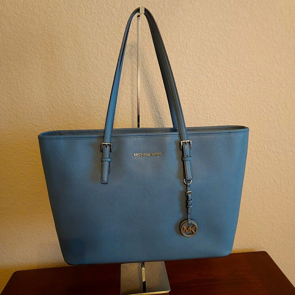 Michael Kors Jet Set Tote Saffiano Leather Blue Tone Spring Summer Shoulder Bag - Picture 1 of 6